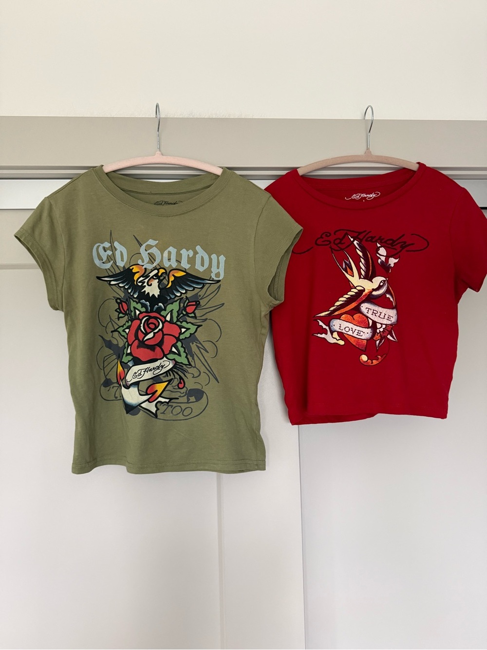 Ed Hardy Women's Graphic Tee Lot of 2- Olive Green, Red